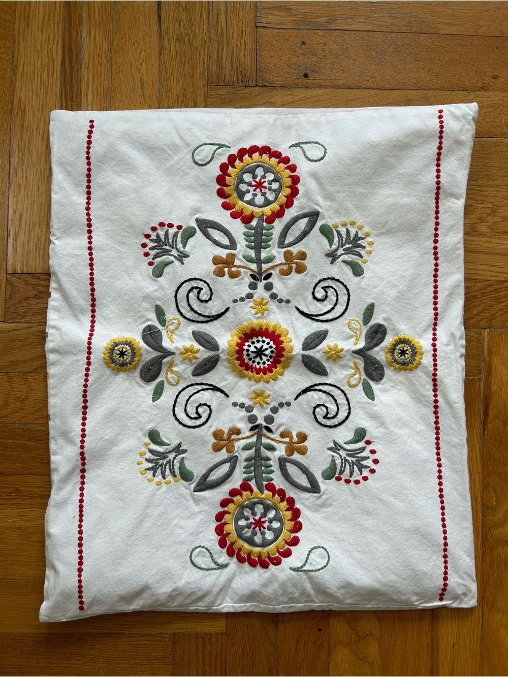IKEA Embroidered Floral Pillow Cases- White with Red, Yellow & Green
